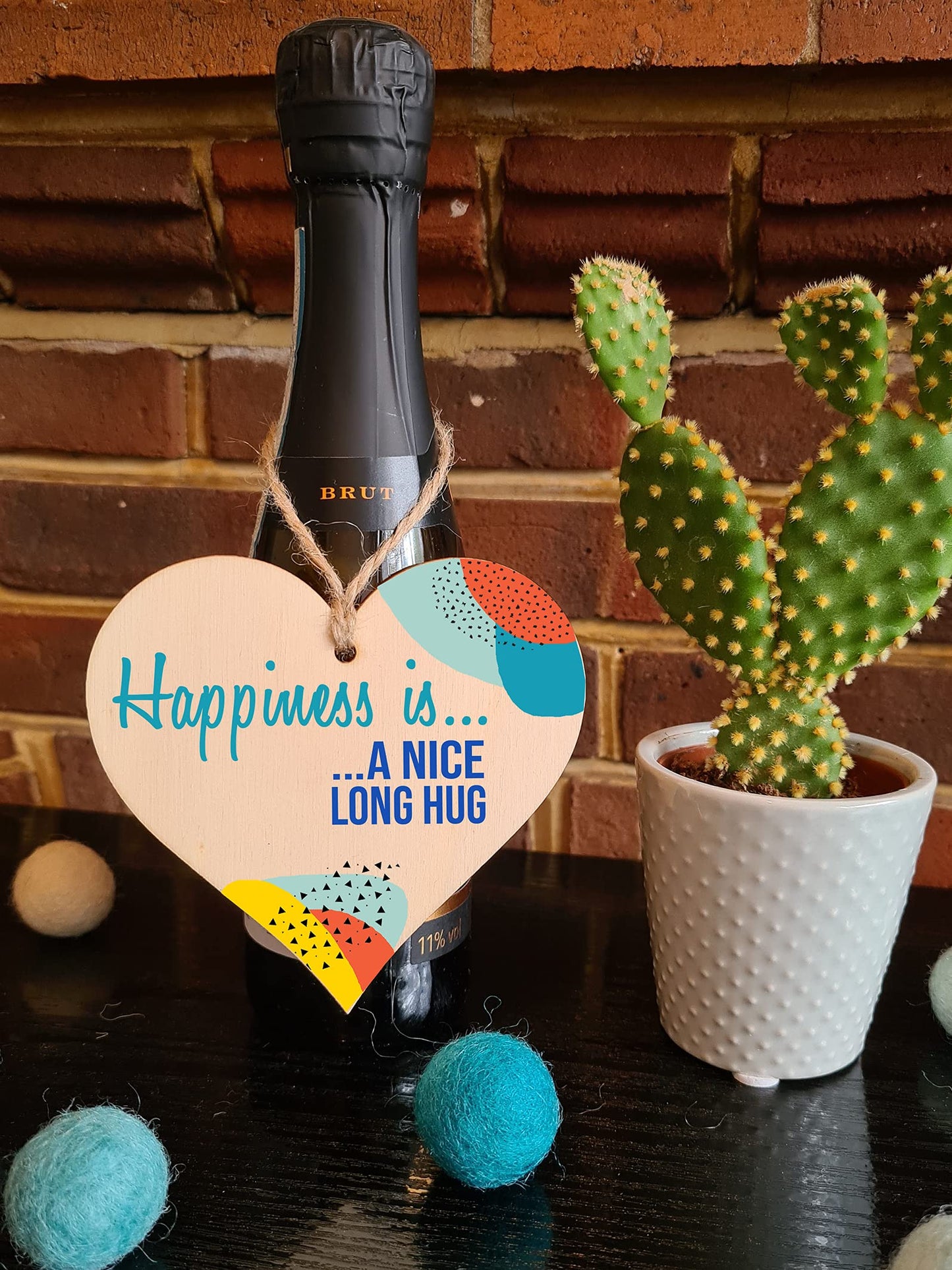 The Plum Penguin Handmade Wooden Hanging Heart Plaque Gift Happiness is HugInspirational Wall Hanger Card Alternative Friendship Family