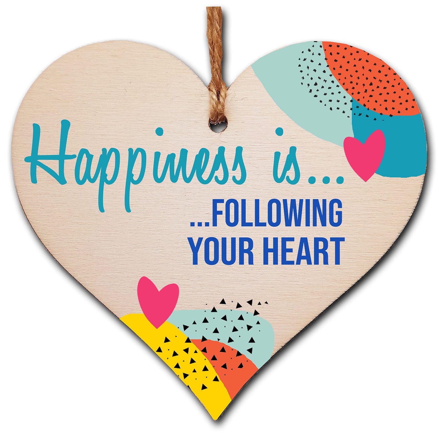 The Plum Penguin Handmade Wooden Hanging Heart Plaque Gift Happiness is Following Your Heart Inspirational Wall Hanger Card Alternative Friendship Family