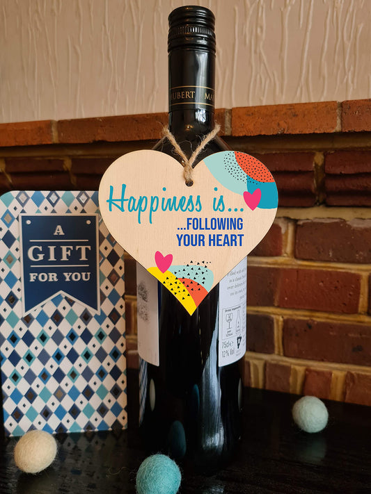 The Plum Penguin Handmade Wooden Hanging Heart Plaque Gift Happiness is Following Your Heart Inspirational Wall Hanger Card Alternative Friendship Family