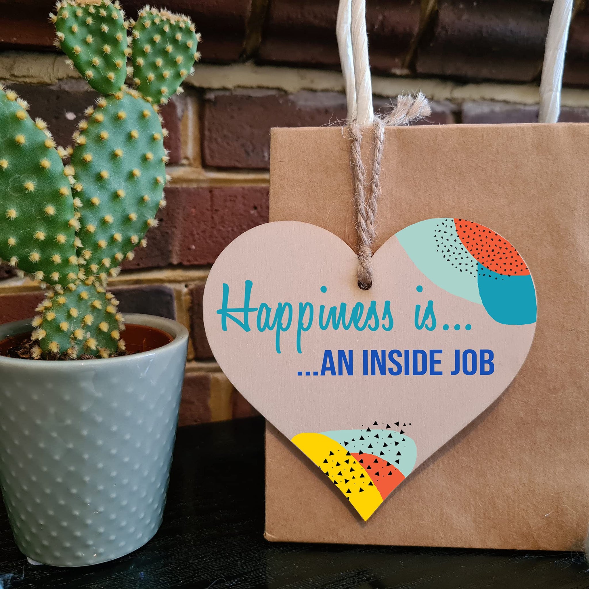 The Plum Penguin Handmade Wooden Hanging Heart Plaque Gift Happiness is an Inside Job Inspirational Wall Hanger Card Alternative Friendship Family
