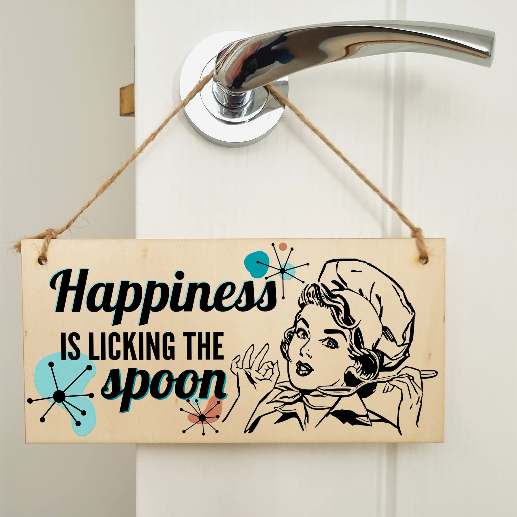 Happiness is licking the spoon Funny Novelty Handmade Wooden Plaque Kitchen Baking Hanging Sign Retro Style Home Décor