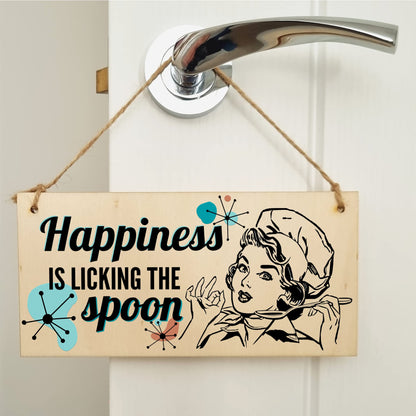 Happiness is licking the spoon Funny Novelty Handmade Wooden Plaque Kitchen Baking Hanging Sign Retro Style Home Décor