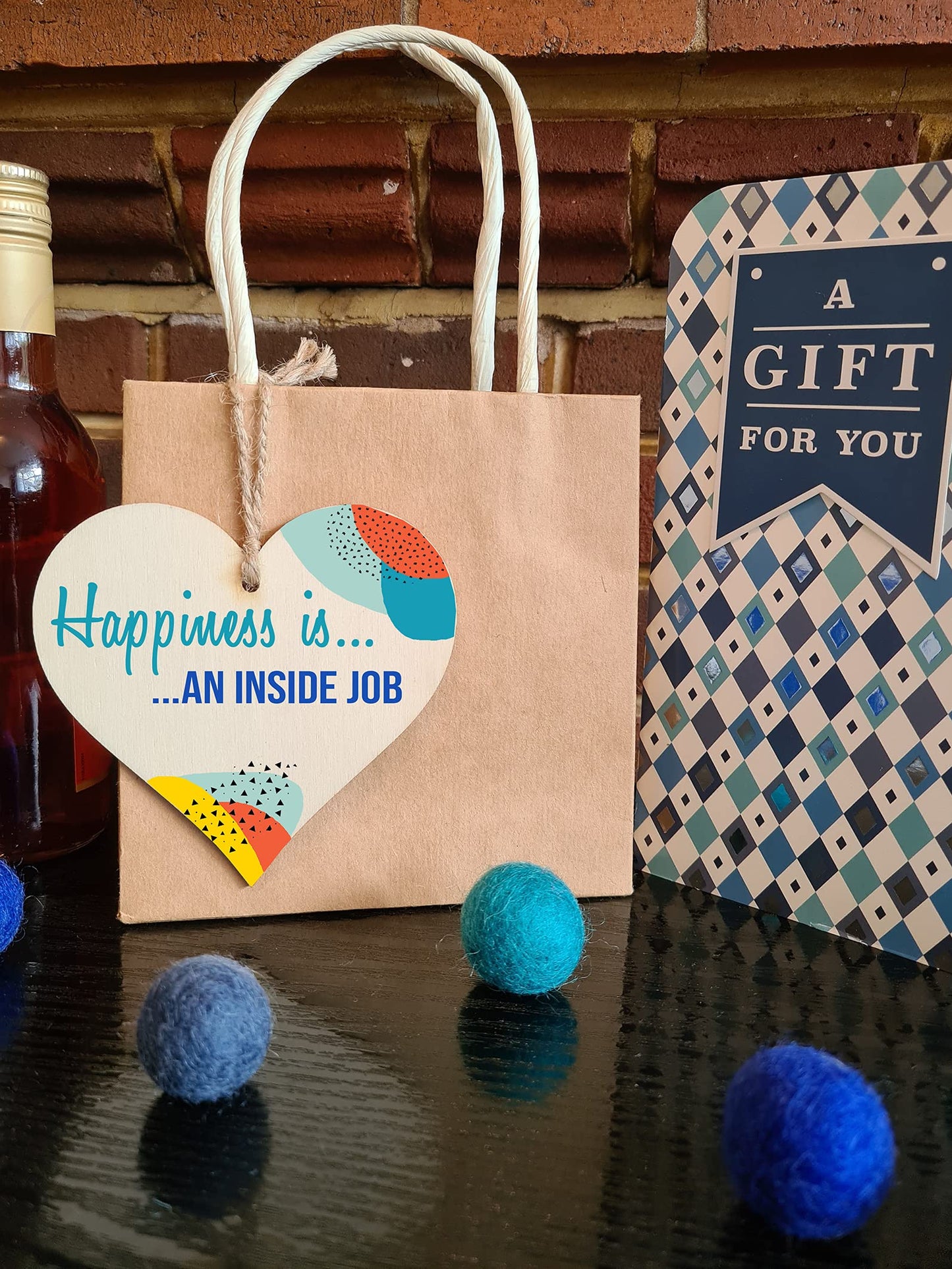 The Plum Penguin Handmade Wooden Hanging Heart Plaque Gift Happiness is an Inside Job Inspirational Wall Hanger Card Alternative Friendship Family