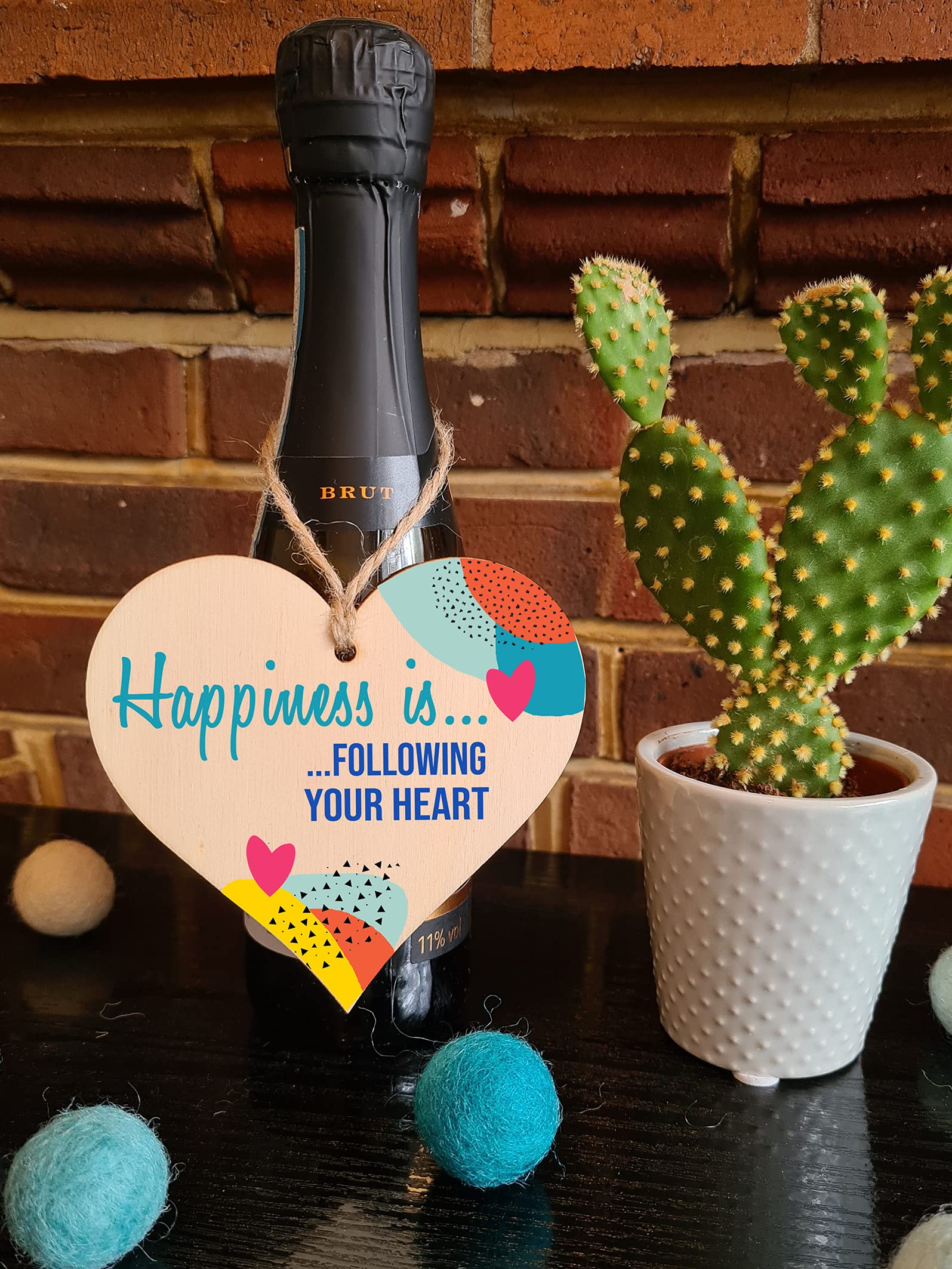 The Plum Penguin Handmade Wooden Hanging Heart Plaque Gift Happiness is Following Your Heart Inspirational Wall Hanger Card Alternative Friendship Family