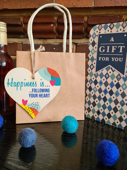 The Plum Penguin Handmade Wooden Hanging Heart Plaque Gift Happiness is Following Your Heart Inspirational Wall Hanger Card Alternative Friendship Family