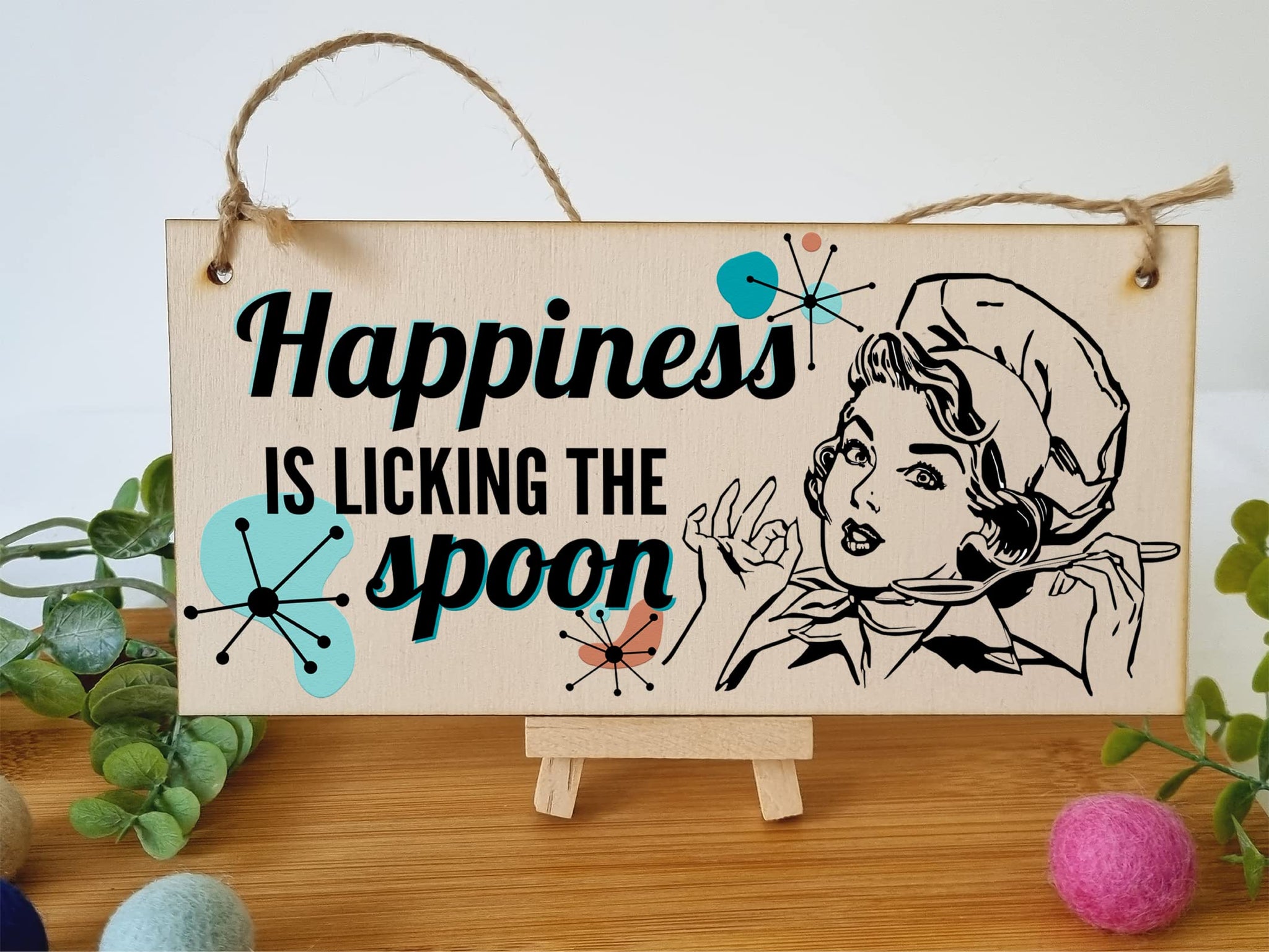 Happiness is licking the spoon Funny Novelty Handmade Wooden Plaque Kitchen Baking Hanging Sign Retro Style Home Décor