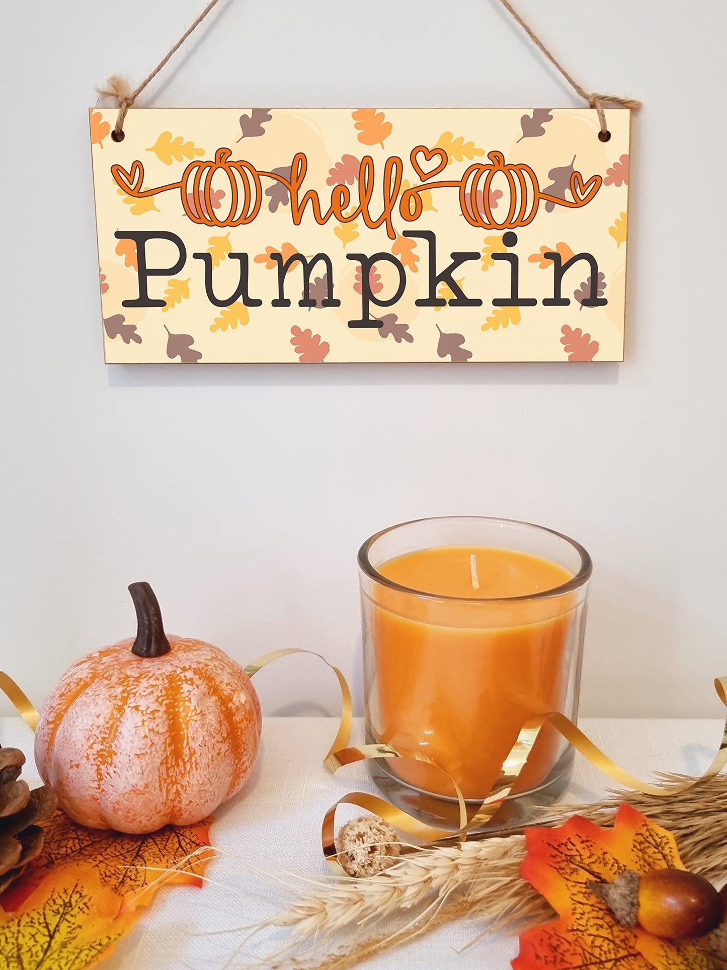 hello Pumpkin Seasonal Falling Leaves Decorative Cute Sign Handmade Wooden Hanging Wall Plaque Gift Hallway Home Décor