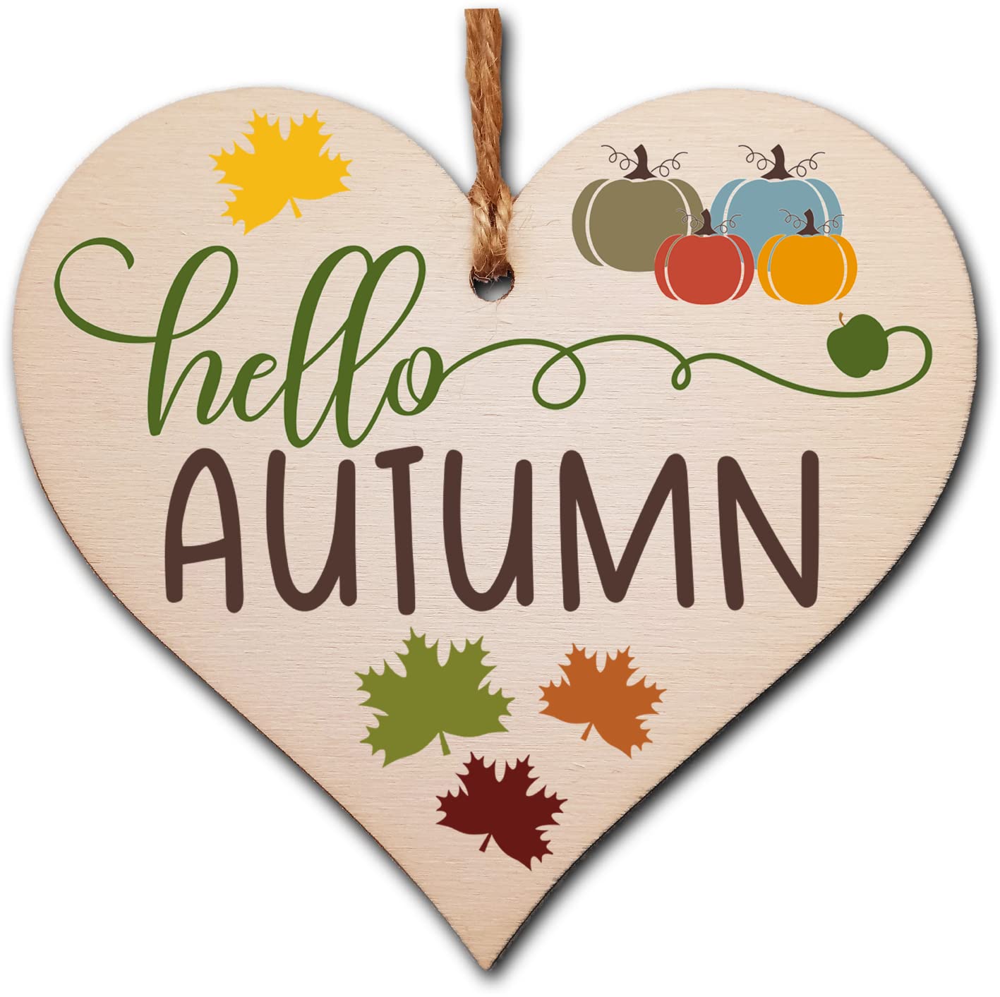 hello Autumn Seasonal Falling Leaves Pumpkin Decorative Hanging Heart Wooden Decoration Gift Card Alternative