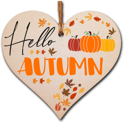 hello Autumn Seasonal Red Gold Falling Leaves Pumpkin Decorative Hanging Heart Wooden Decoration Gift Card Alternative