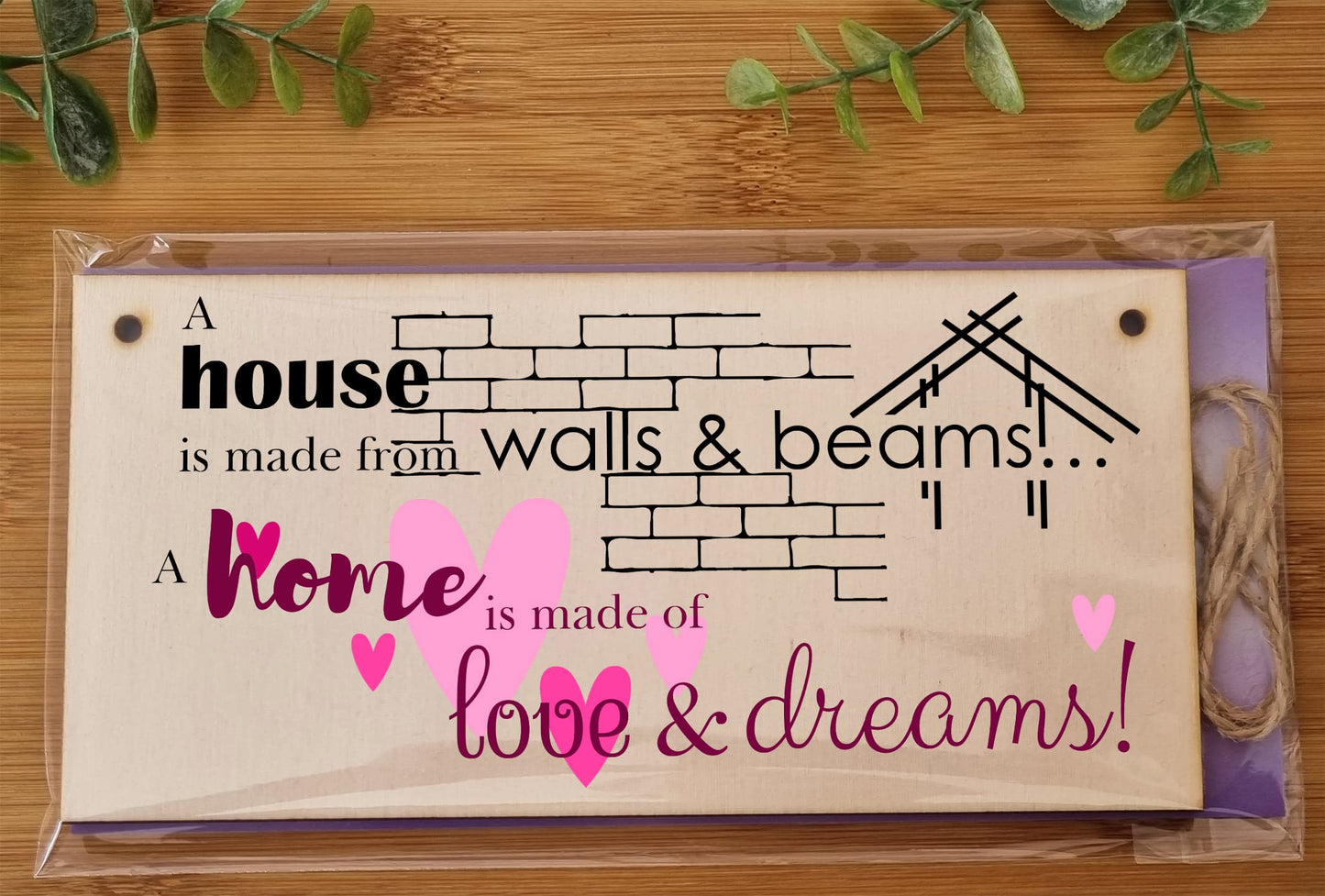 The Plum Penguin Handmade Wooden Hanging Wall Plaque House is Made from Walls and Beams Home Love Dreams Sentimental Family