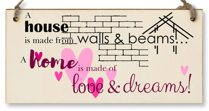 The Plum Penguin Handmade Wooden Hanging Wall Plaque House is Made from Walls and Beams Home Love Dreams Sentimental Family