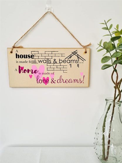 The Plum Penguin Handmade Wooden Hanging Wall Plaque House is Made from Walls and Beams Home Love Dreams Sentimental Family