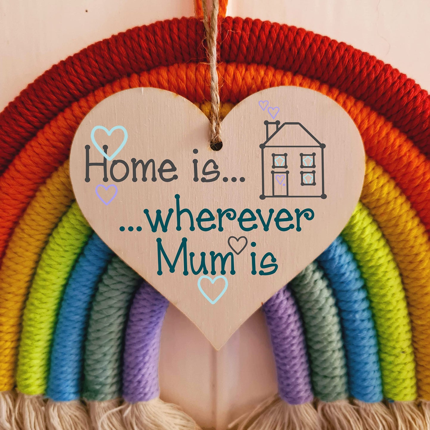 The Plum Penguin Handmade Wooden Hanging Heart Plaque Home is wherever mum is loving thoughtful sewing craft design keepsake card alternative from daughter son