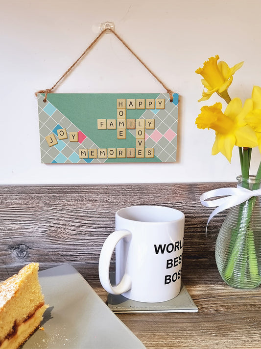 The Plum Penguin Handmade Wooden Hanging Wall Plaque Happy Home Family Memories Love Joy Scrabble Decorative Sign Family