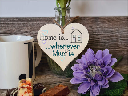 The Plum Penguin Handmade Wooden Hanging Heart Plaque Home is wherever mum is loving thoughtful sewing craft design keepsake card alternative from daughter son