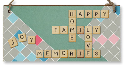 The Plum Penguin Handmade Wooden Hanging Wall Plaque Happy Home Family Memories Love Joy Scrabble Decorative Sign Family
