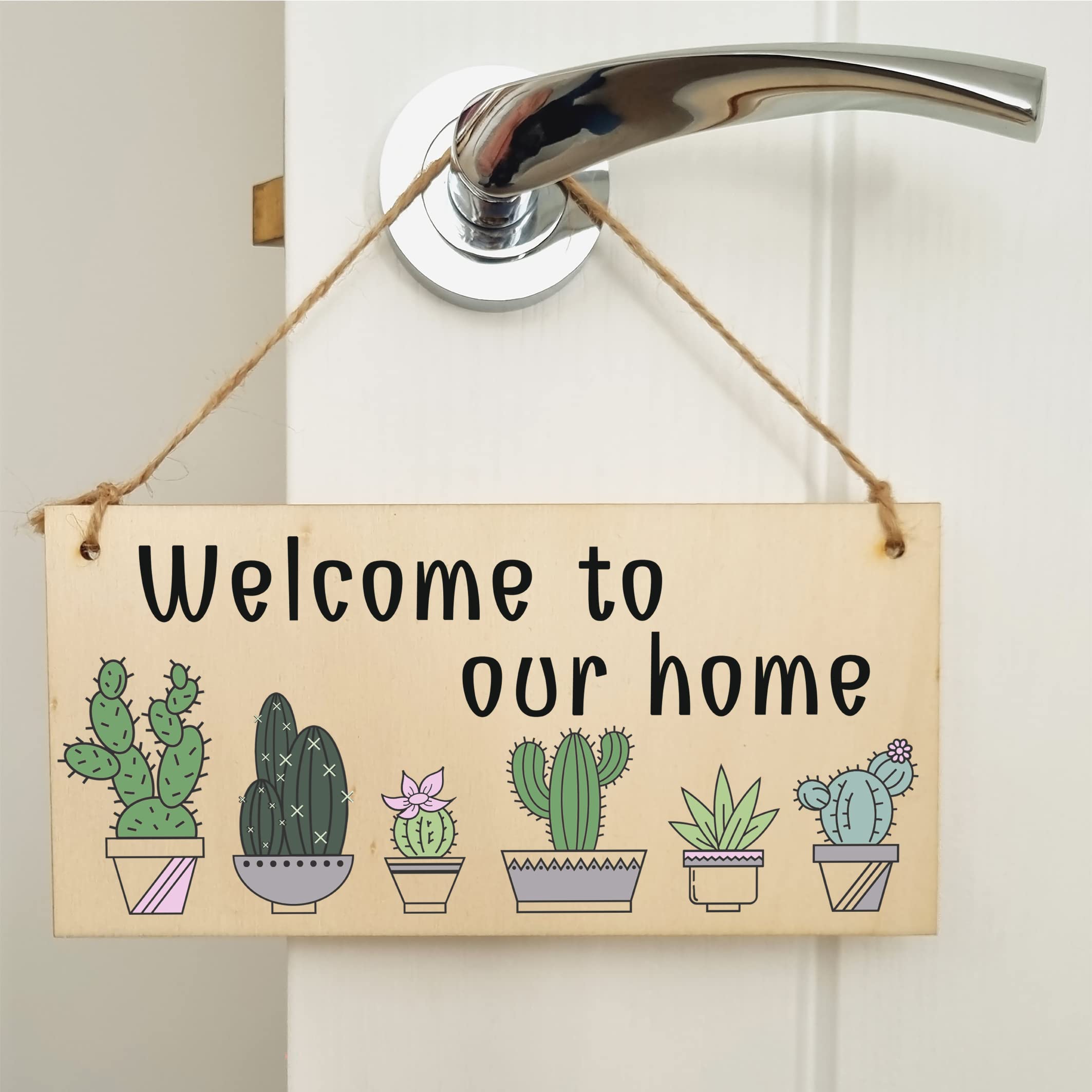 The Plum Penguin Handmade Wooden Hanging Wall Plaque Welcome to Our Home Cactus House Plants Decorative Sign New Home Gift Hallway