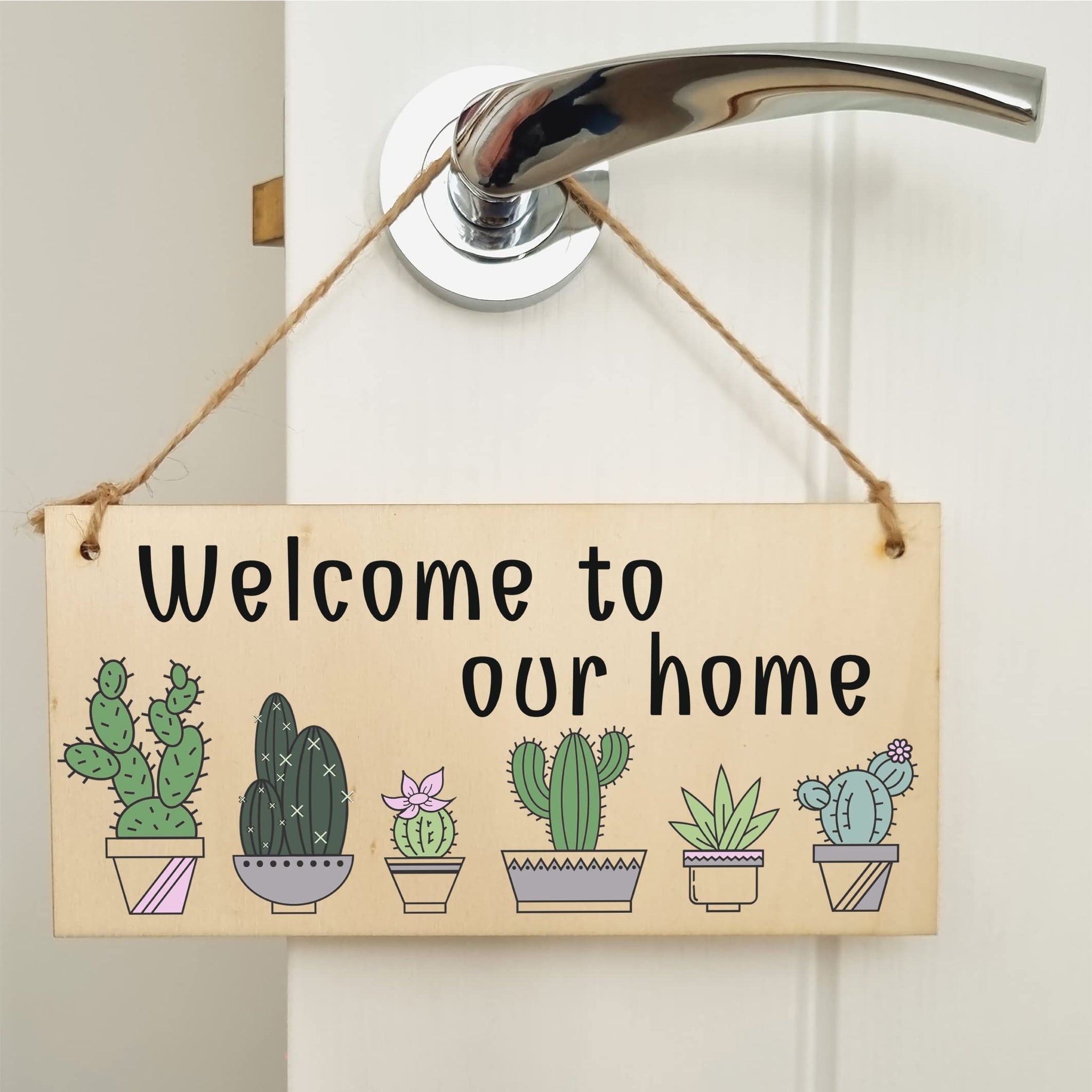 The Plum Penguin Handmade Wooden Hanging Wall Plaque Welcome to Our Home Cactus House Plants Decorative Sign New Home Gift Hallway