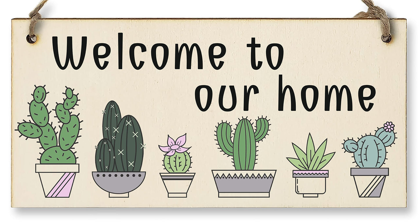 The Plum Penguin Handmade Wooden Hanging Wall Plaque Welcome to Our Home Cactus House Plants Decorative Sign New Home Gift Hallway