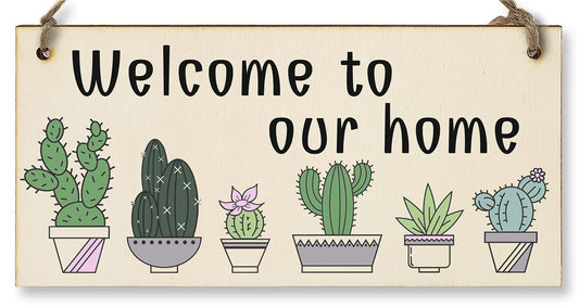 The Plum Penguin Handmade Wooden Hanging Wall Plaque Welcome to Our Home Cactus House Plants Decorative Sign New Home Gift Hallway