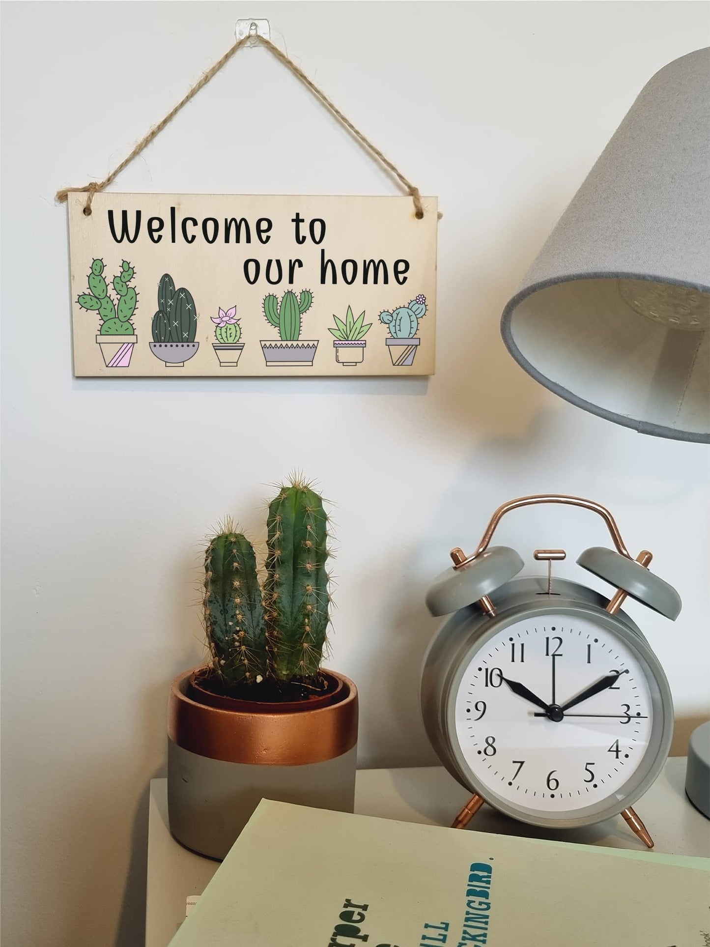 The Plum Penguin Handmade Wooden Hanging Wall Plaque Welcome to Our Home Cactus House Plants Decorative Sign New Home Gift Hallway