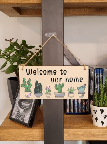 The Plum Penguin Handmade Wooden Hanging Wall Plaque Welcome to Our Home Cactus House Plants Decorative Sign New Home Gift Hallway