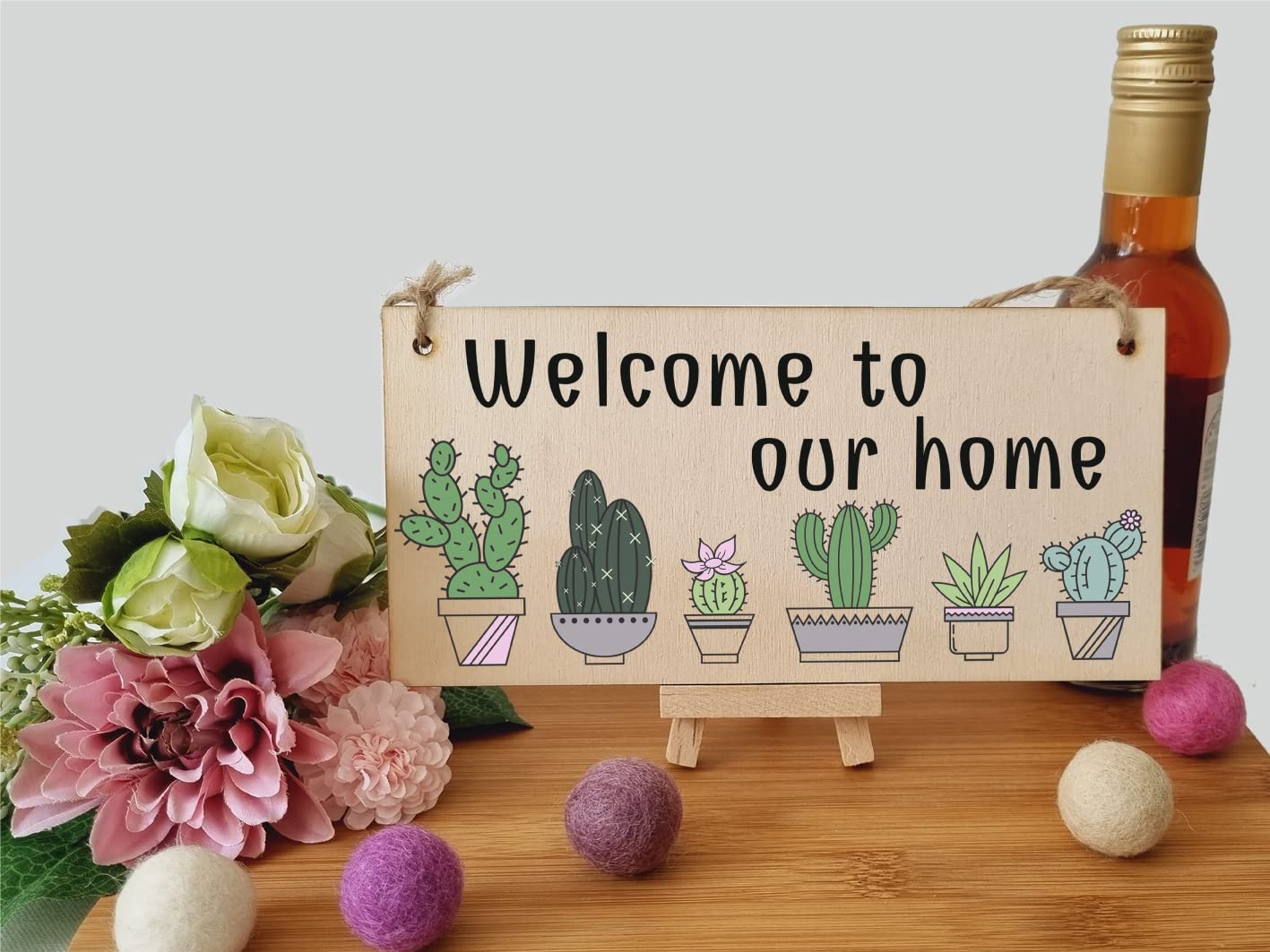 The Plum Penguin Handmade Wooden Hanging Wall Plaque Welcome to Our Home Cactus House Plants Decorative Sign New Home Gift Hallway