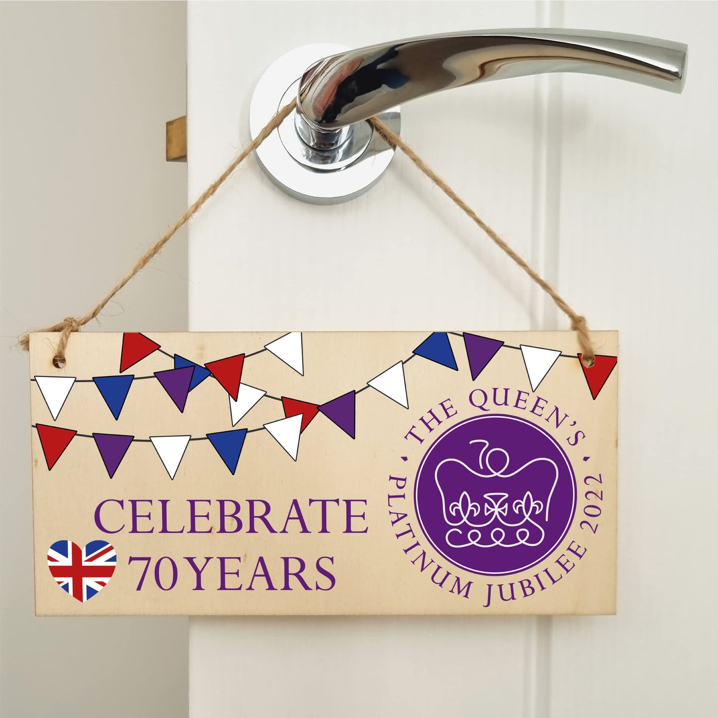 The Plum Penguin Handmade Wooden Hanging Wall Plaque Celebrate 70 Years Queen's Platinum Jubilee 2022 Bunting Decorative Memorabilia Street Party