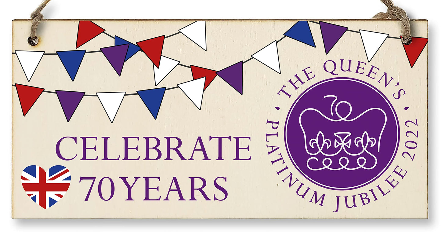 The Plum Penguin Handmade Wooden Hanging Wall Plaque Celebrate 70 Years Queen's Platinum Jubilee 2022 Bunting Decorative Memorabilia Street Party