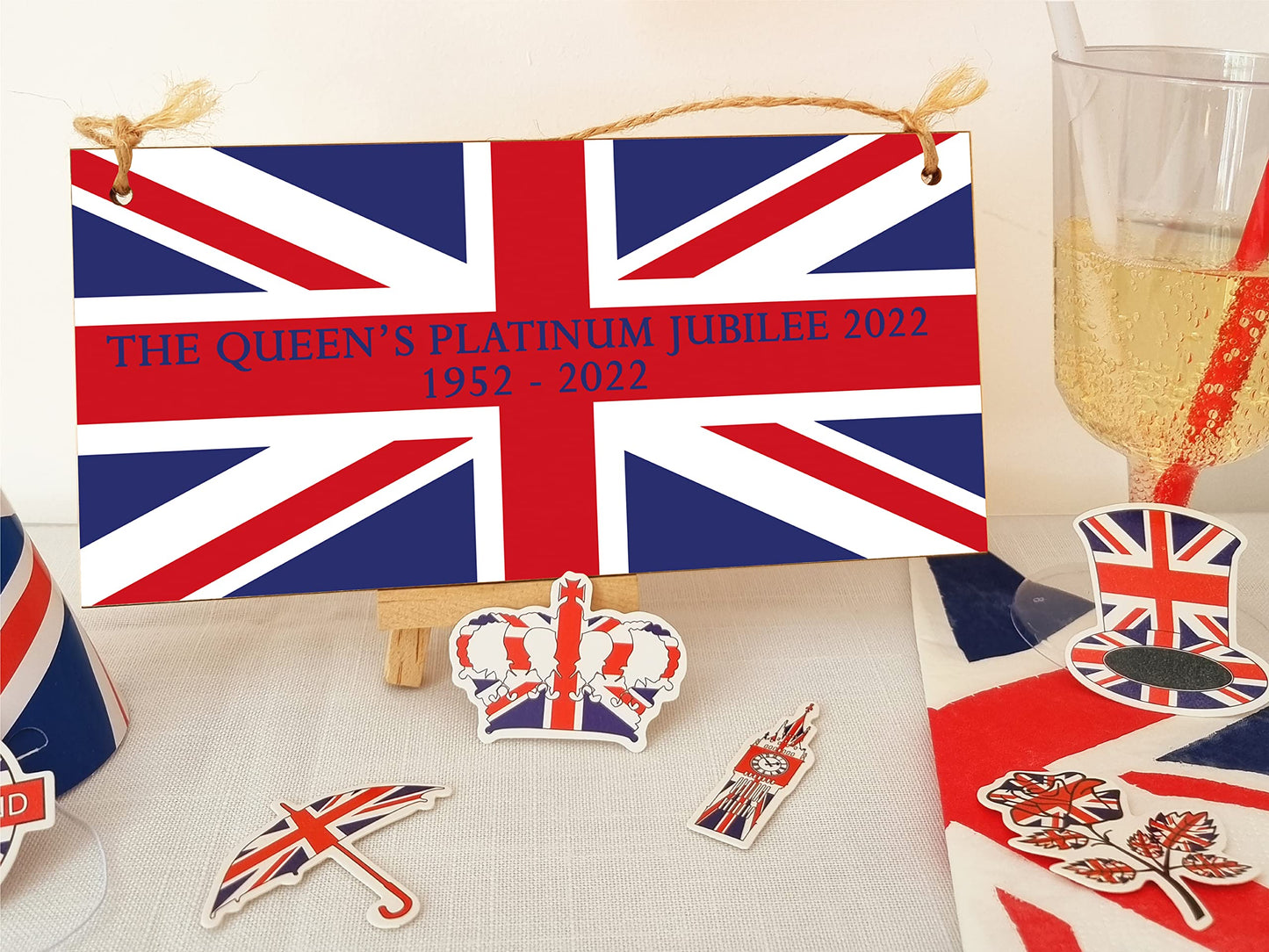 The Plum Penguin Handmade Wooden Hanging Wall Plaque Celebrate 70 Years Queen's Platinum Jubilee 2022 Union Jack Decorative Memorabilia Street Party