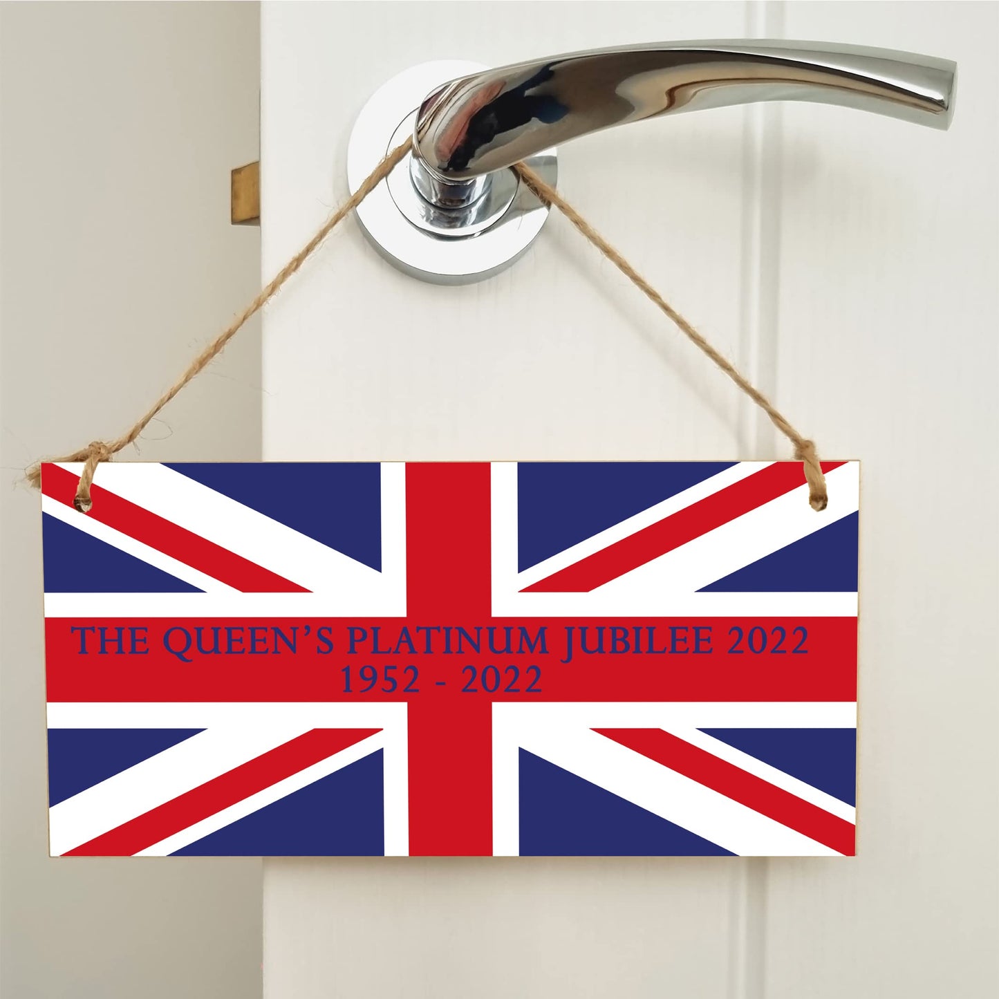 The Plum Penguin Handmade Wooden Hanging Wall Plaque Celebrate 70 Years Queen's Platinum Jubilee 2022 Union Jack Decorative Memorabilia Street Party