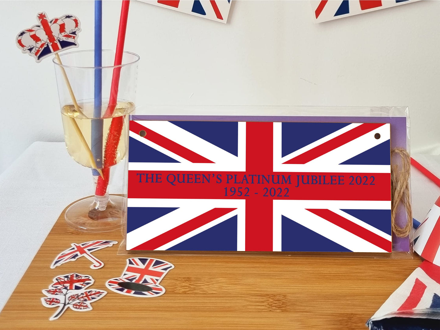 The Plum Penguin Handmade Wooden Hanging Wall Plaque Celebrate 70 Years Queen's Platinum Jubilee 2022 Union Jack Decorative Memorabilia Street Party