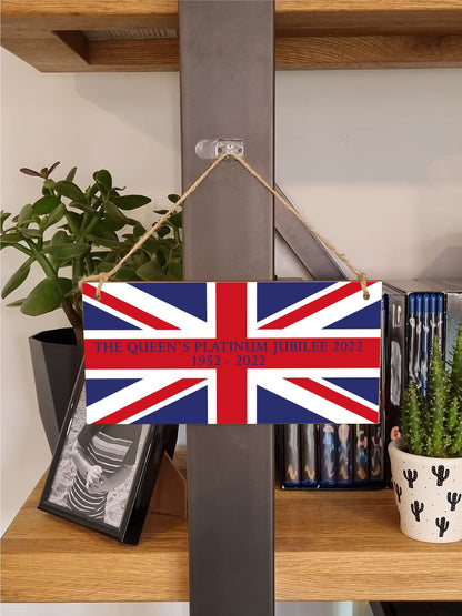 The Plum Penguin Handmade Wooden Hanging Wall Plaque Celebrate 70 Years Queen's Platinum Jubilee 2022 Union Jack Decorative Memorabilia Street Party