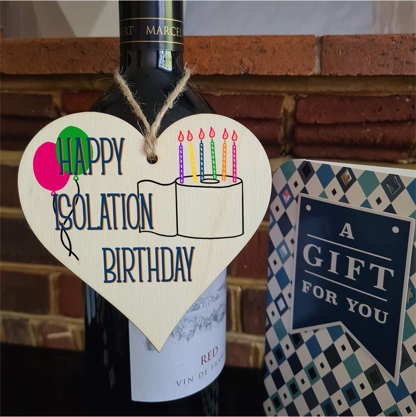 The Plum Penguin Handmade Wooden Hanging Heart Plaque Gift Happy Isolation Birthday novelty window wall hanger gift for absent friends and family funny keepsake sending birthday wishes and cheers