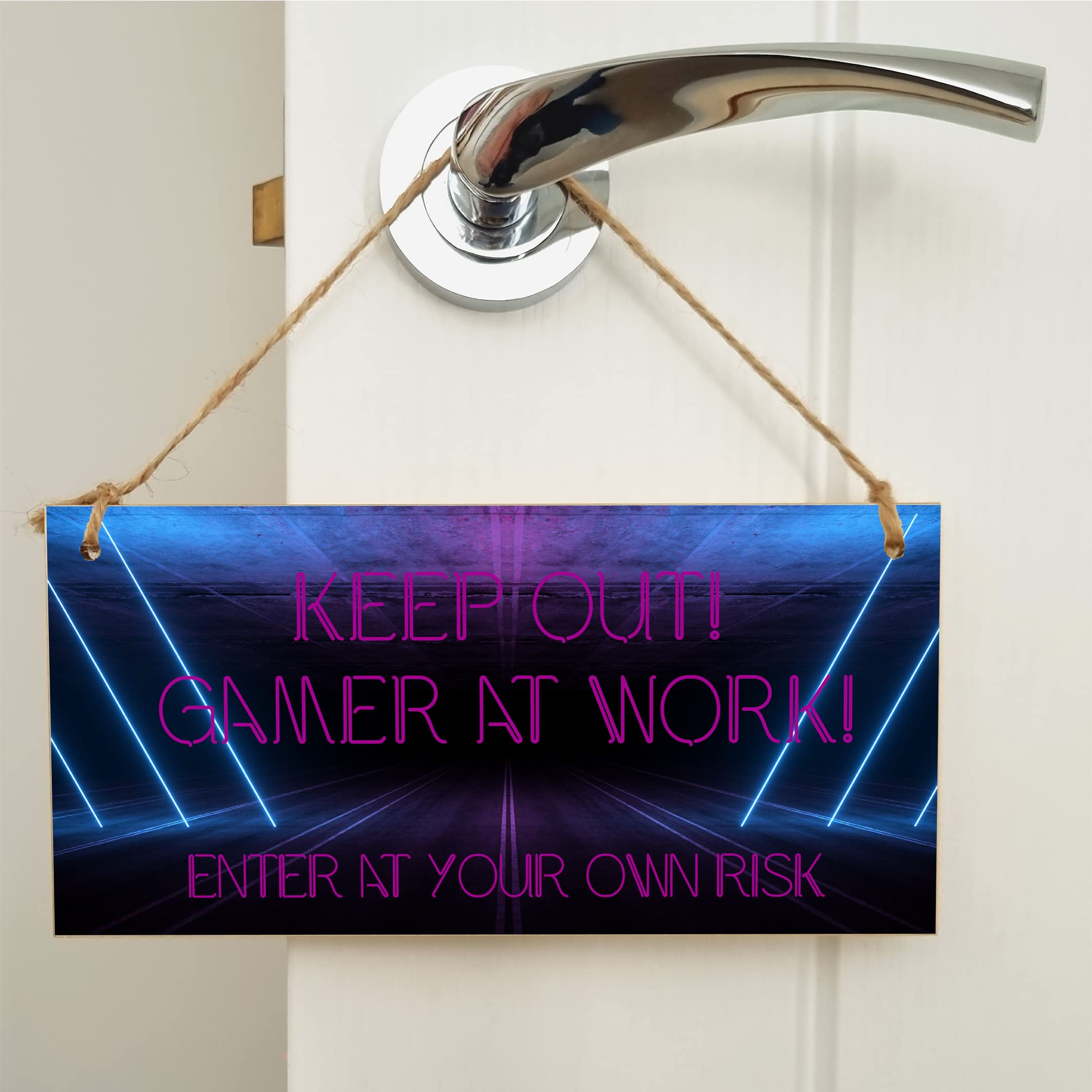 The Plum Penguin Handmade Wooden Hanging Wall Plaque Keep Out Gamer at Work Novelty Gift Gamers Computer Game Fans Man Cave Sign