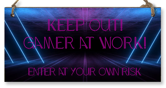 The Plum Penguin Handmade Wooden Hanging Wall Plaque Keep Out Gamer at Work Novelty Gift Gamers Computer Game Fans Man Cave Sign