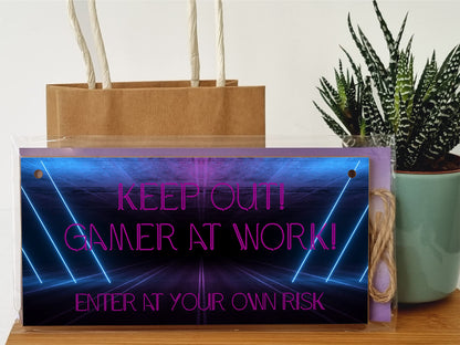 The Plum Penguin Handmade Wooden Hanging Wall Plaque Keep Out Gamer at Work Novelty Gift Gamers Computer Game Fans Man Cave Sign