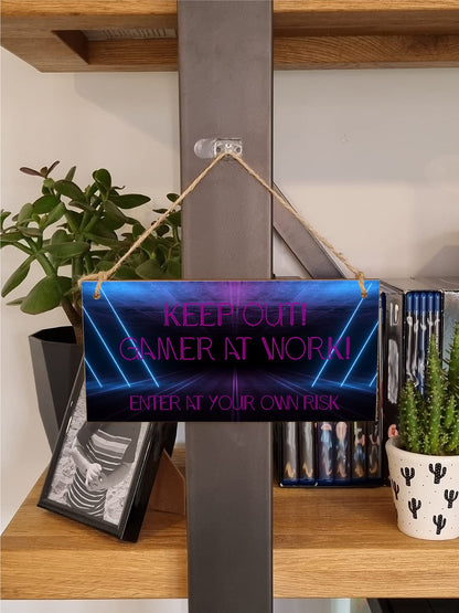 The Plum Penguin Handmade Wooden Hanging Wall Plaque Keep Out Gamer at Work Novelty Gift Gamers Computer Game Fans Man Cave Sign