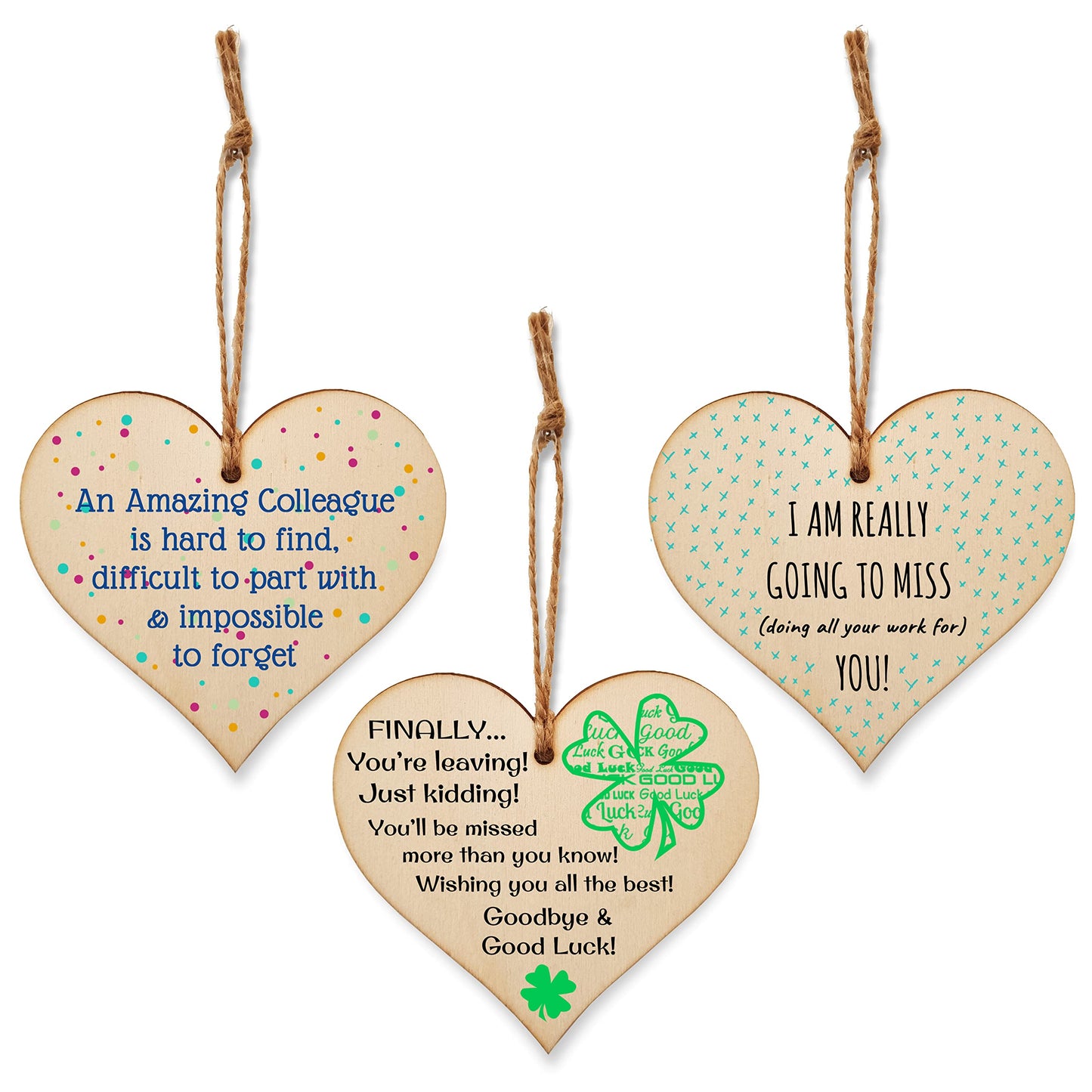 The Plum Penguin Set of 3 Hanging Decorations Wooden Hearts Leaving Card Gift Office | Amazing Colleague Impossible to Forget | Finally Leaving