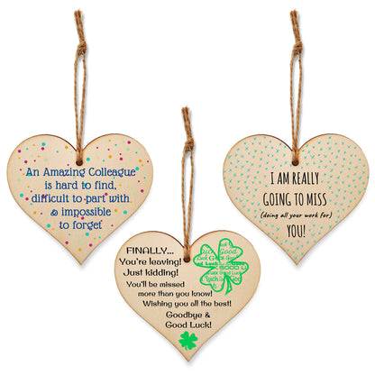 The Plum Penguin Set of 3 Hanging Decorations Wooden Hearts Leaving Card Gift Office | Amazing Colleague Impossible to Forget | Finally Leaving