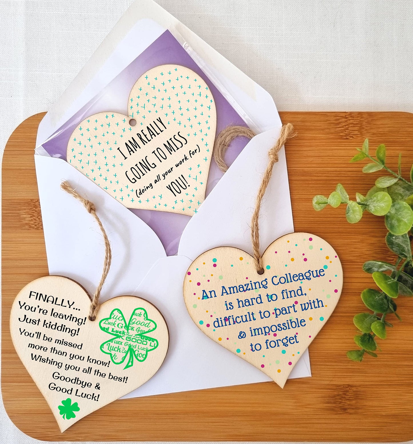 The Plum Penguin Set of 3 Hanging Decorations Wooden Hearts Leaving Card Gift Office | Amazing Colleague Impossible to Forget | Finally Leaving