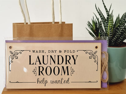 The Plum Penguin Handmade Wooden Hanging Wall Plaque wash.dry.fold Laundry Room Help Wanted Funny Decorative Sign Gift for Mum