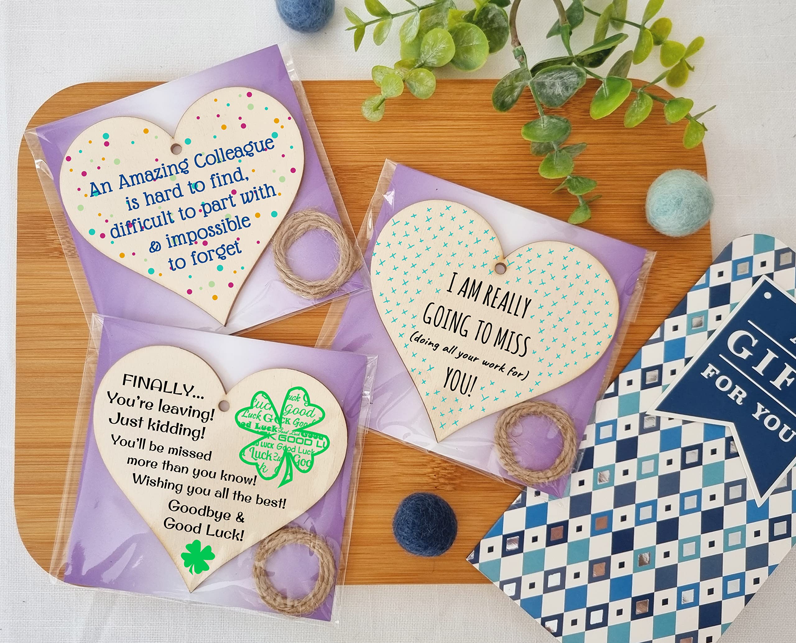 The Plum Penguin Set of 3 Hanging Decorations Wooden Hearts Leaving Card Gift Office | Amazing Colleague Impossible to Forget | Finally Leaving