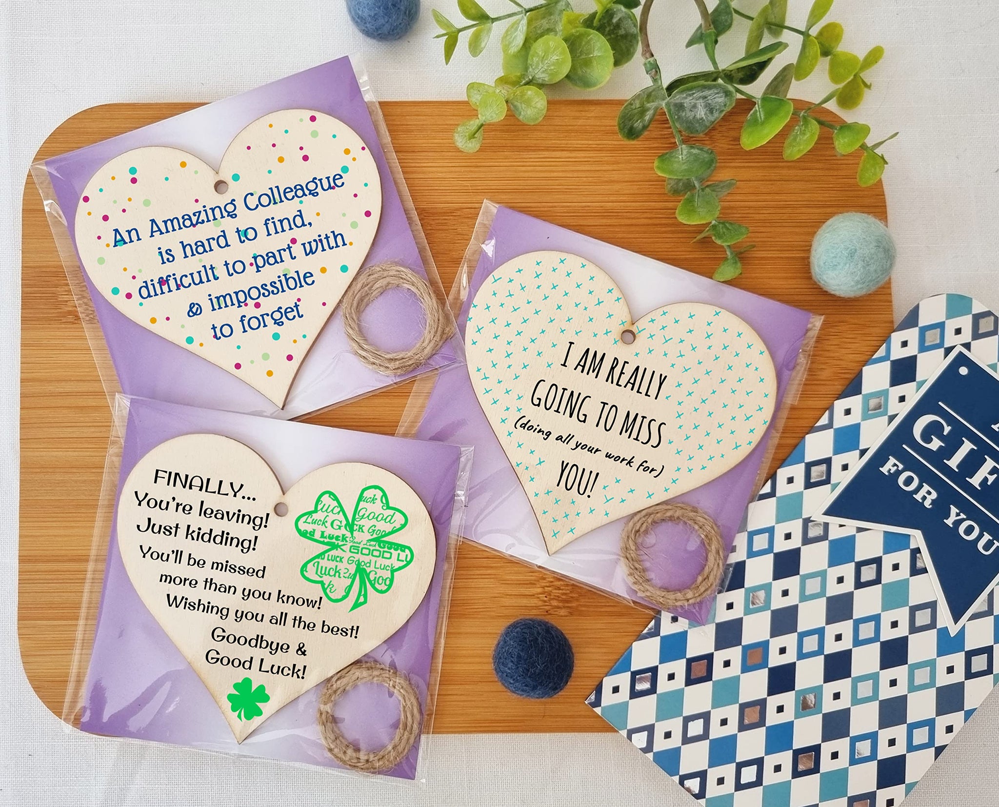 The Plum Penguin Set of 3 Hanging Decorations Wooden Hearts Leaving Card Gift Office | Amazing Colleague Impossible to Forget | Finally Leaving