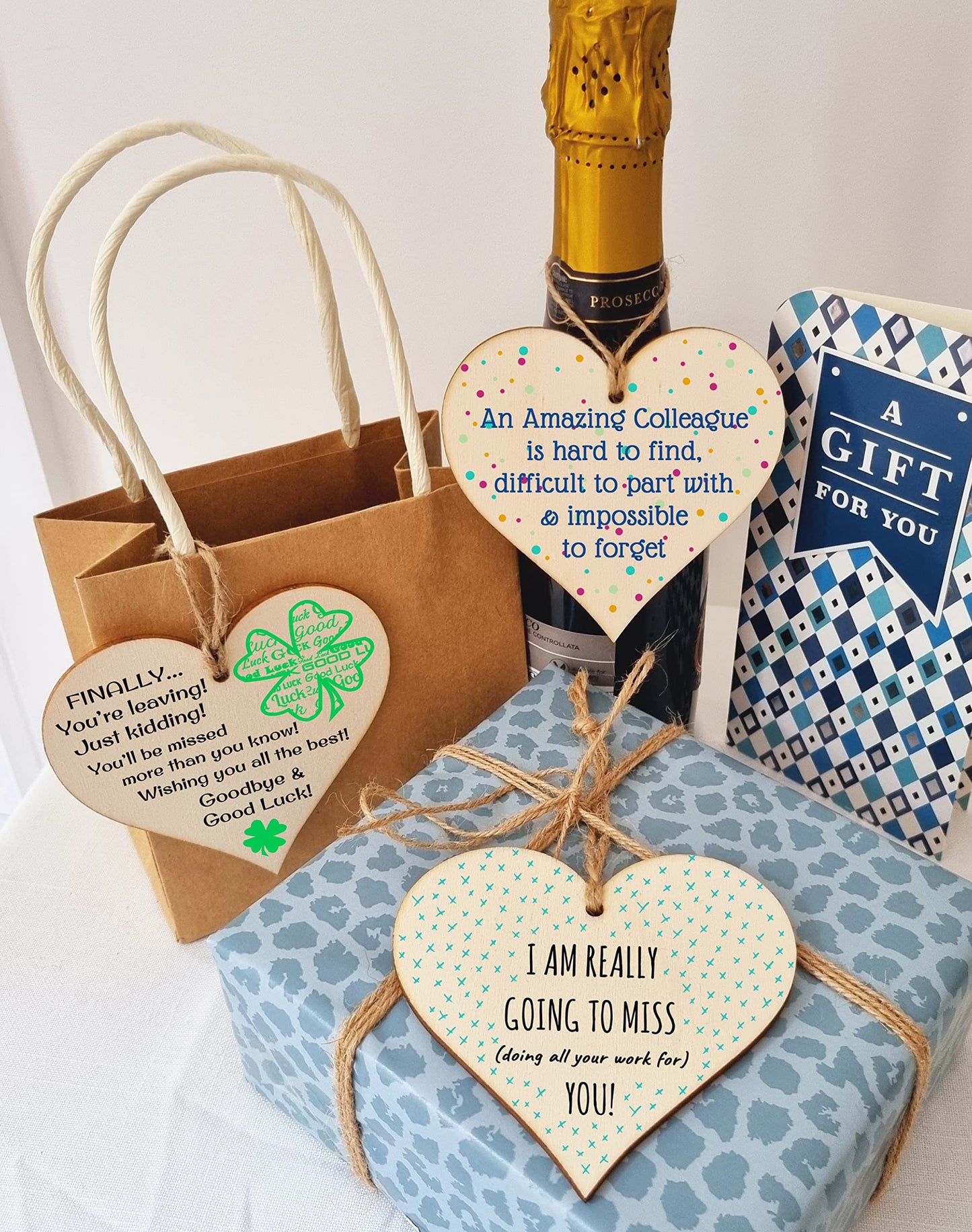 The Plum Penguin Set of 3 Hanging Decorations Wooden Hearts Leaving Card Gift Office | Amazing Colleague Impossible to Forget | Finally Leaving