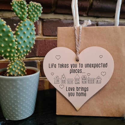 The Plum Penguin Handmade Wooden Hanging Heart Plaque Gift Life Unexpected Love Home Inspirational Wall Hanger Card Alternative Friendship Family