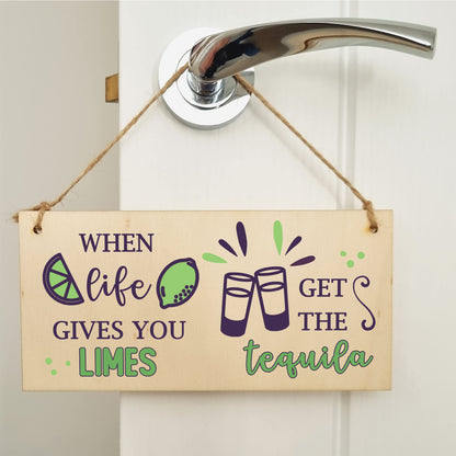 The Plum Penguin Handmade Wooden Hanging Wall Plaque When Life Gives You Limes Tequila Funny Novelty Alcohol Sign Home Bar