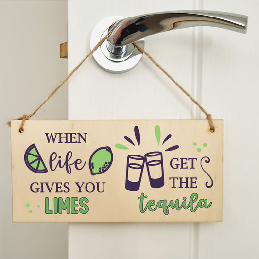The Plum Penguin Handmade Wooden Hanging Wall Plaque When Life Gives You Limes Tequila Funny Novelty Alcohol Sign Home Bar
