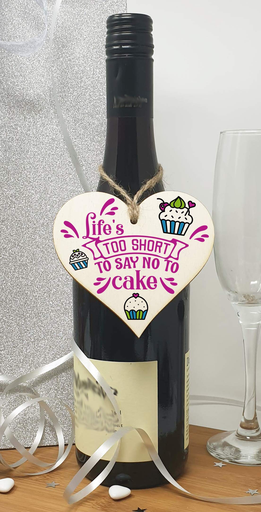 The Plum Penguin Handmade Wooden Hanging Heart Plaque Gift Life is too short to say no to cake novelty wall window kitchen hanger funny gift for cake lovers cupake design