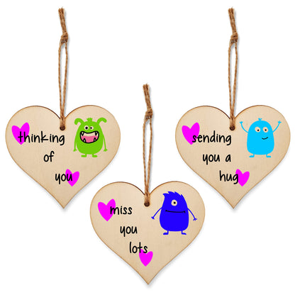 The Plum Penguin Set of 3 Hanging Decorations Wooden Hearts Send Love Friendship Card Gift | Thinking Of You | Miss You Lots | Sending a Hug